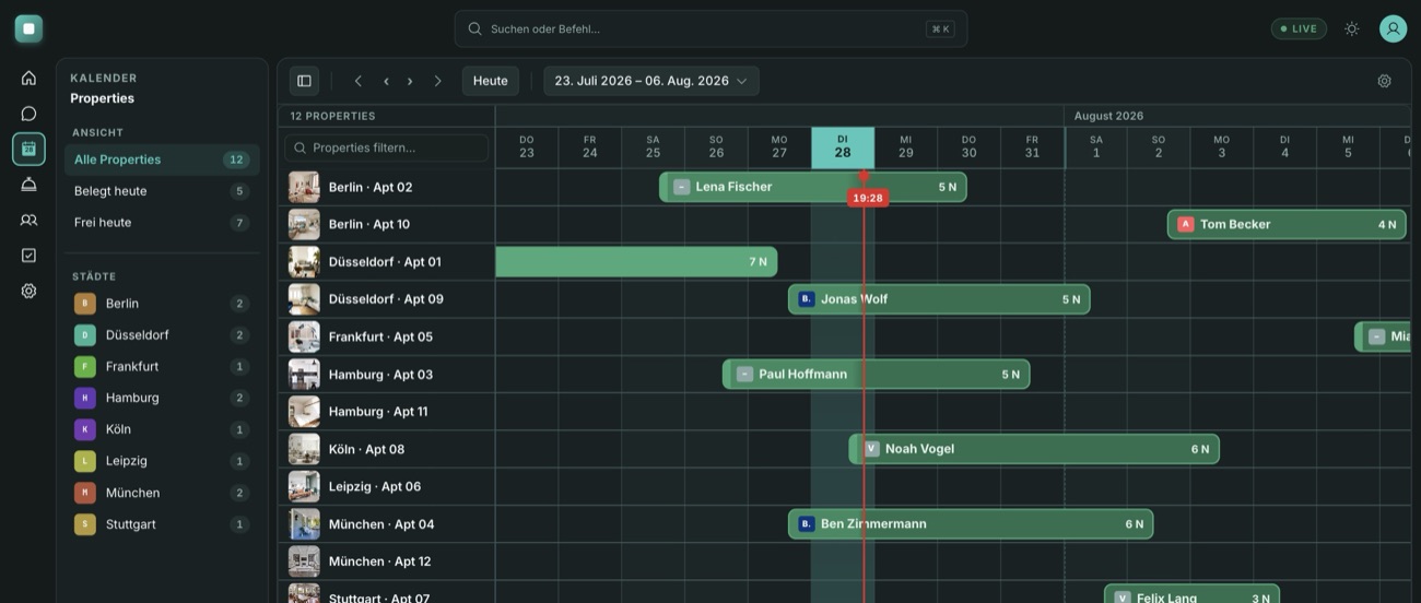MINT Kalender im Dark Mode: alle Einheiten und Kanäle in einer Multi-Property-Ansicht